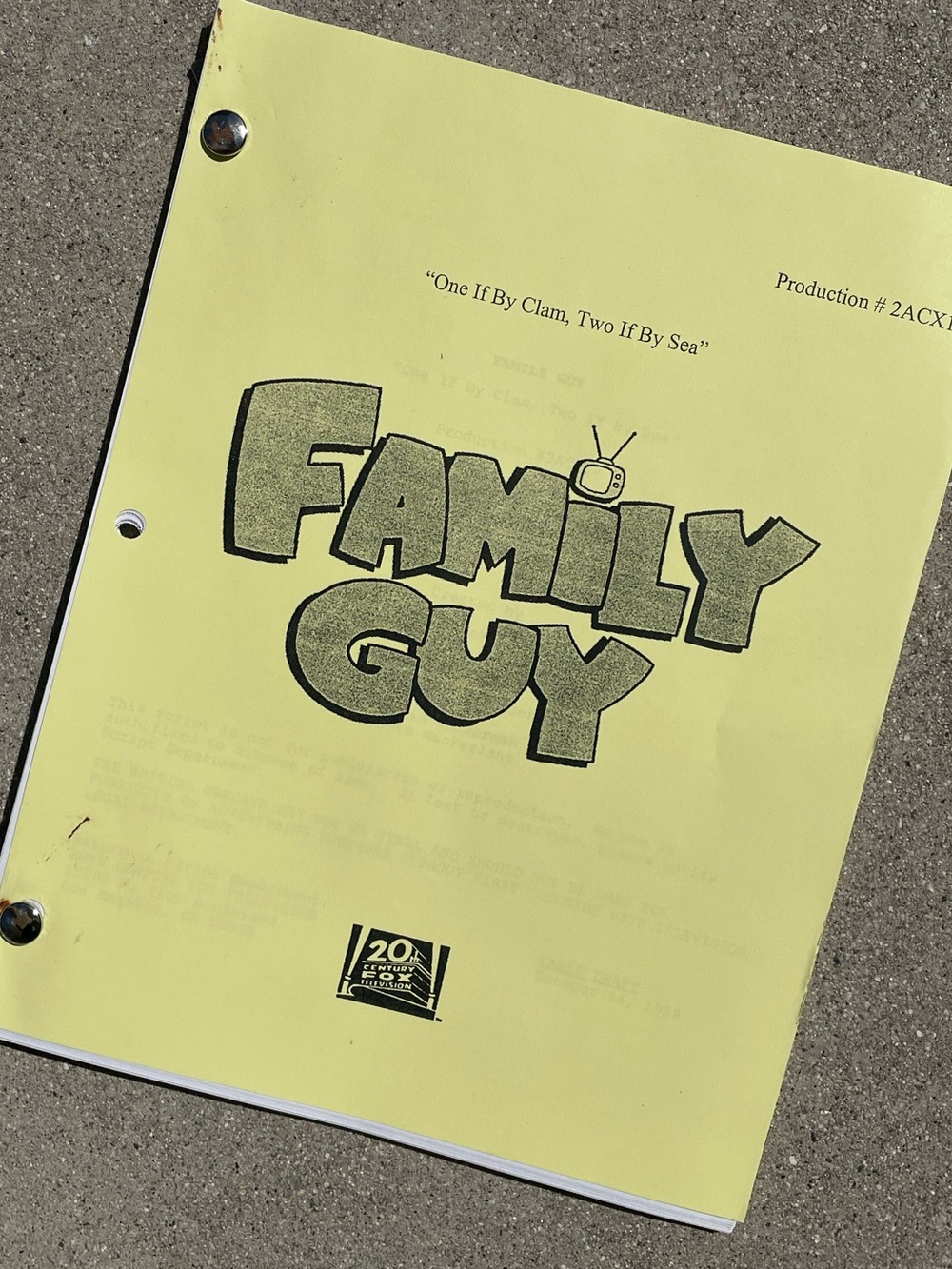 VTG Family Guy 1999 Production Used Table Script One Of By Clam, Two If By Sea